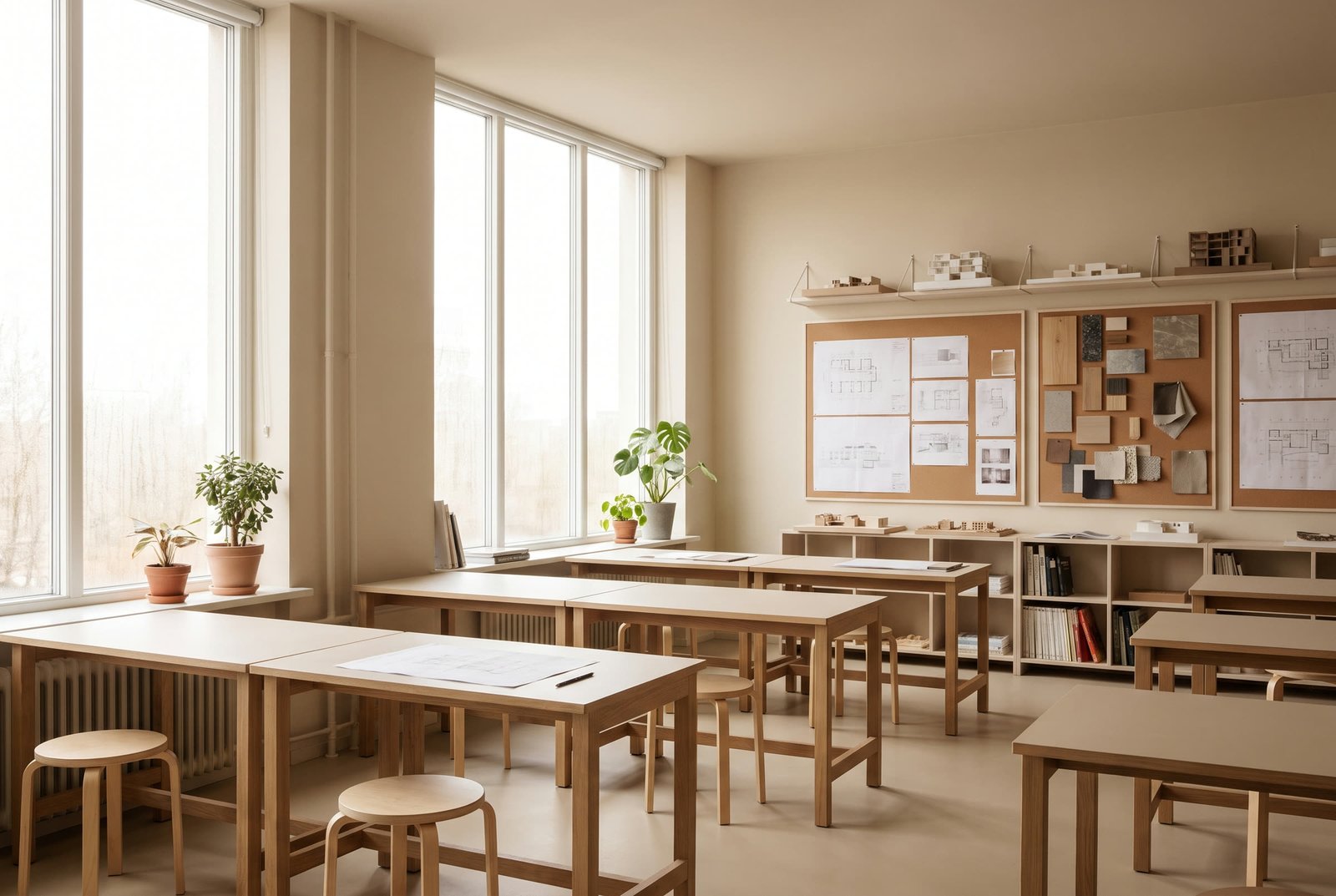 Wide view of the Atelier Noir studio workspace with large windows and material samples.