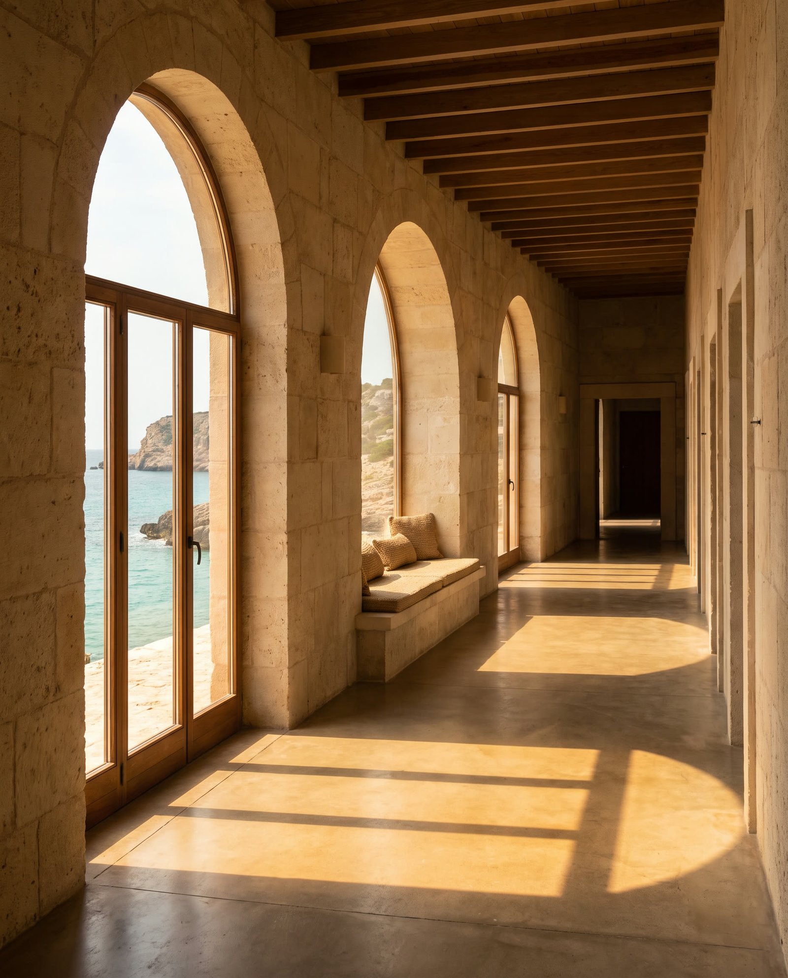 Minimalist stone corridor with arched openings framing the sea at Aurelia Retreat.
