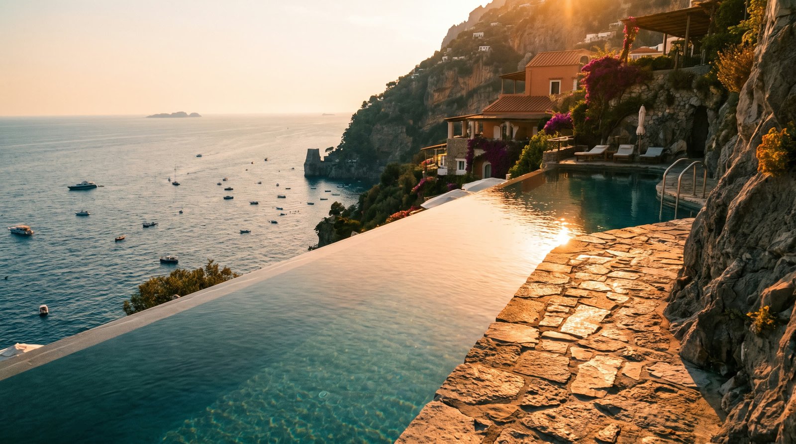 Cliffside infinity pool at golden hour, Aurelia Retreat.