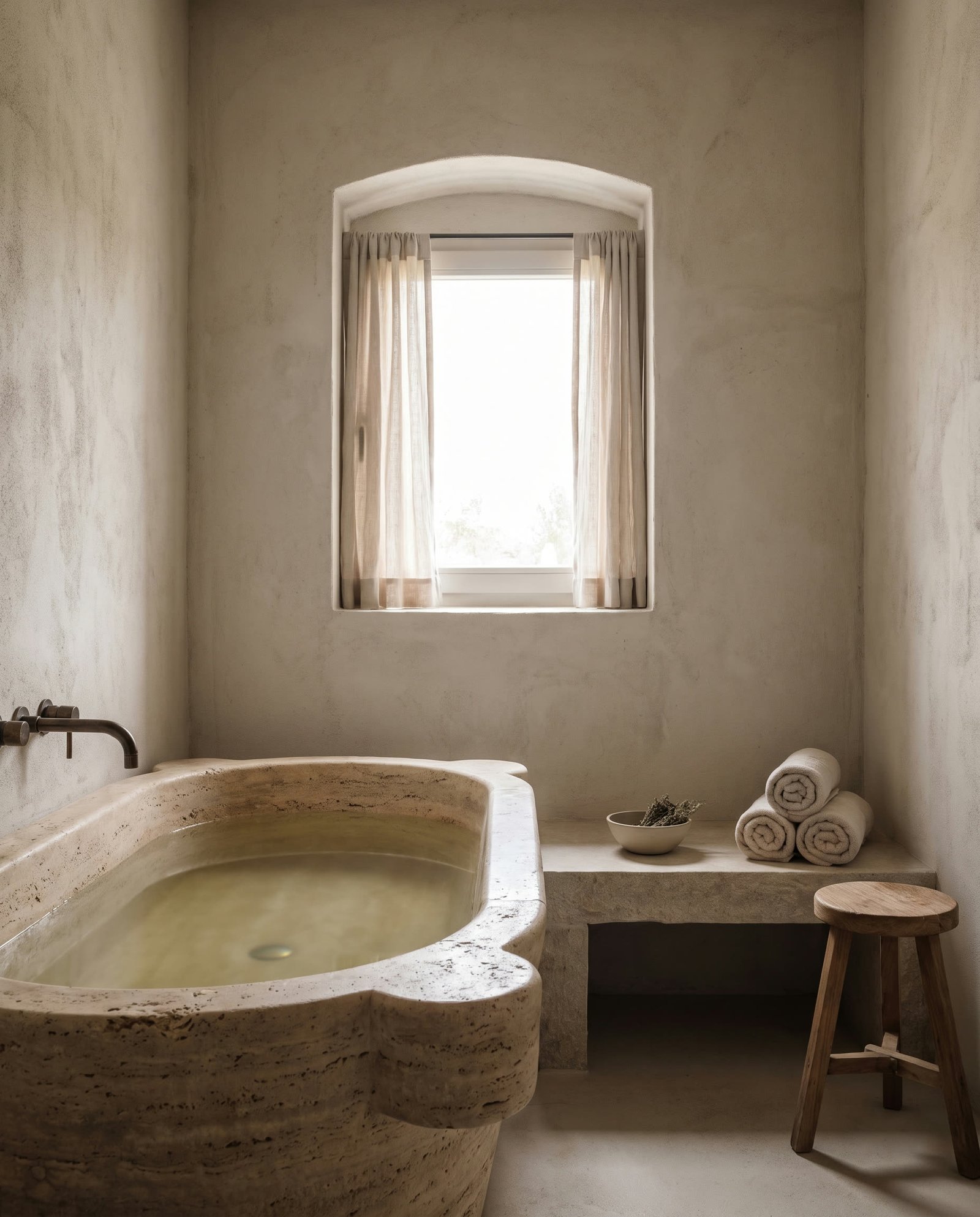 Stone spa bath at Aurelia Retreat, natural travertine and soft daylight.