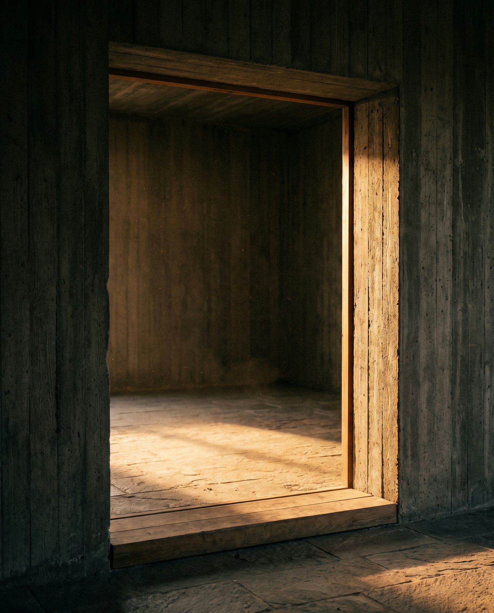 Minimalist doorway threshold with warm evening light through a board-formed concrete wall.