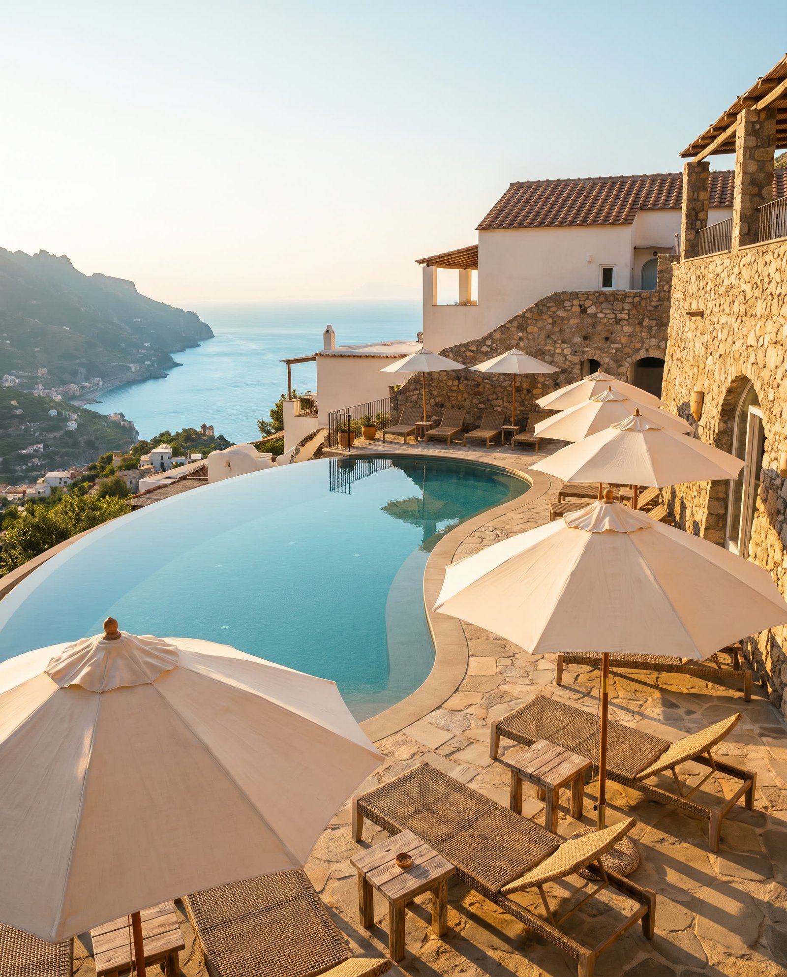 Cliffside infinity pool terrace at Aurelia Retreat on the Amalfi Coast at golden hour.
