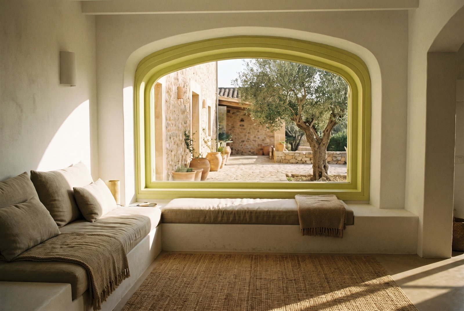 Interior arched window overlooking the stone courtyard at Casa Lume.