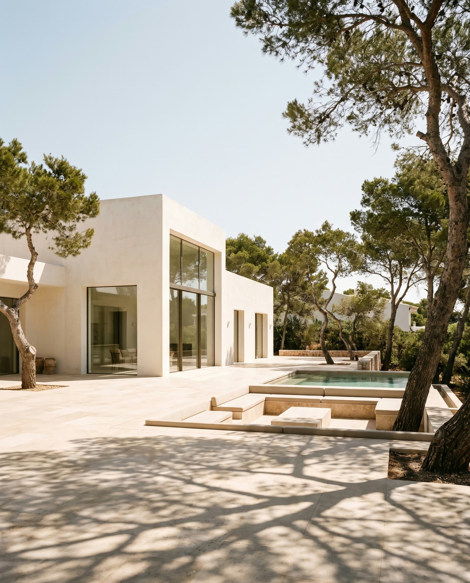 White lime-washed residence on a stone terrace in Mallorca, Mediterranean pines and bright midday light.