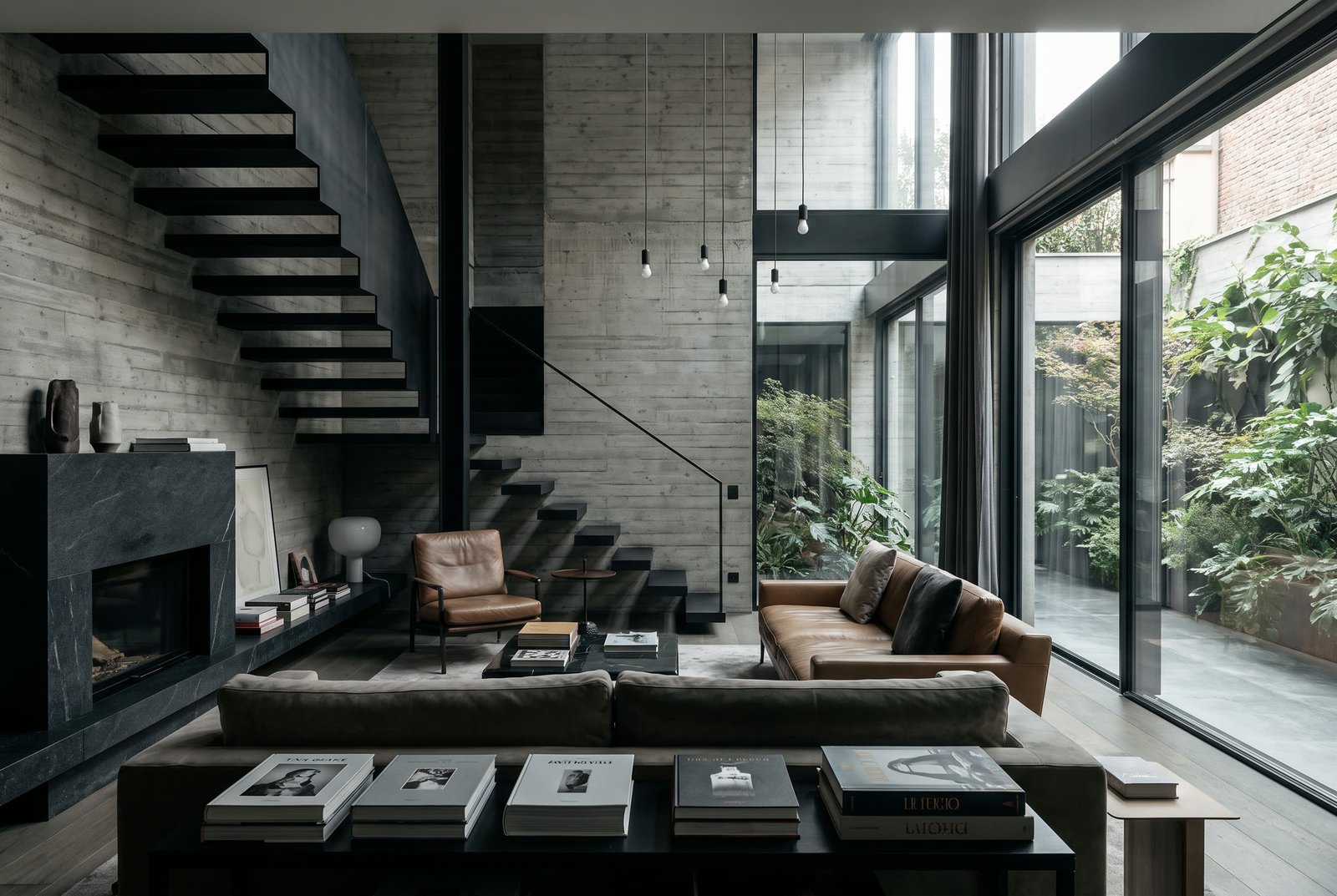 Double-height interior living space at Noir House with a black steel staircase.