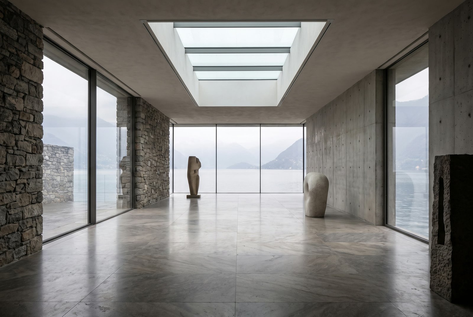 Interior gallery space at Stone Pavilion with skylight.