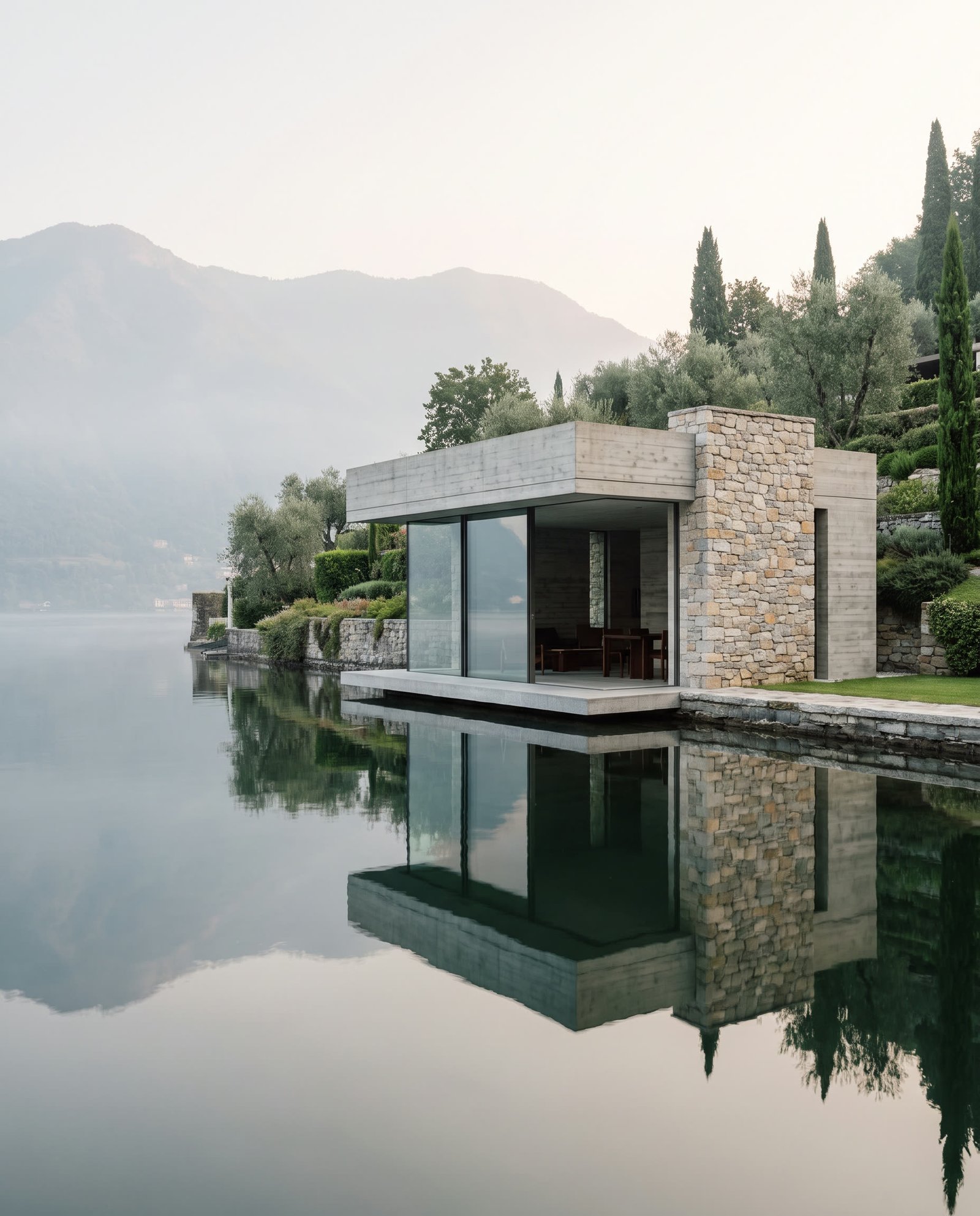 Minimalist stone and glass pavilion on Lake Como with still water reflection.