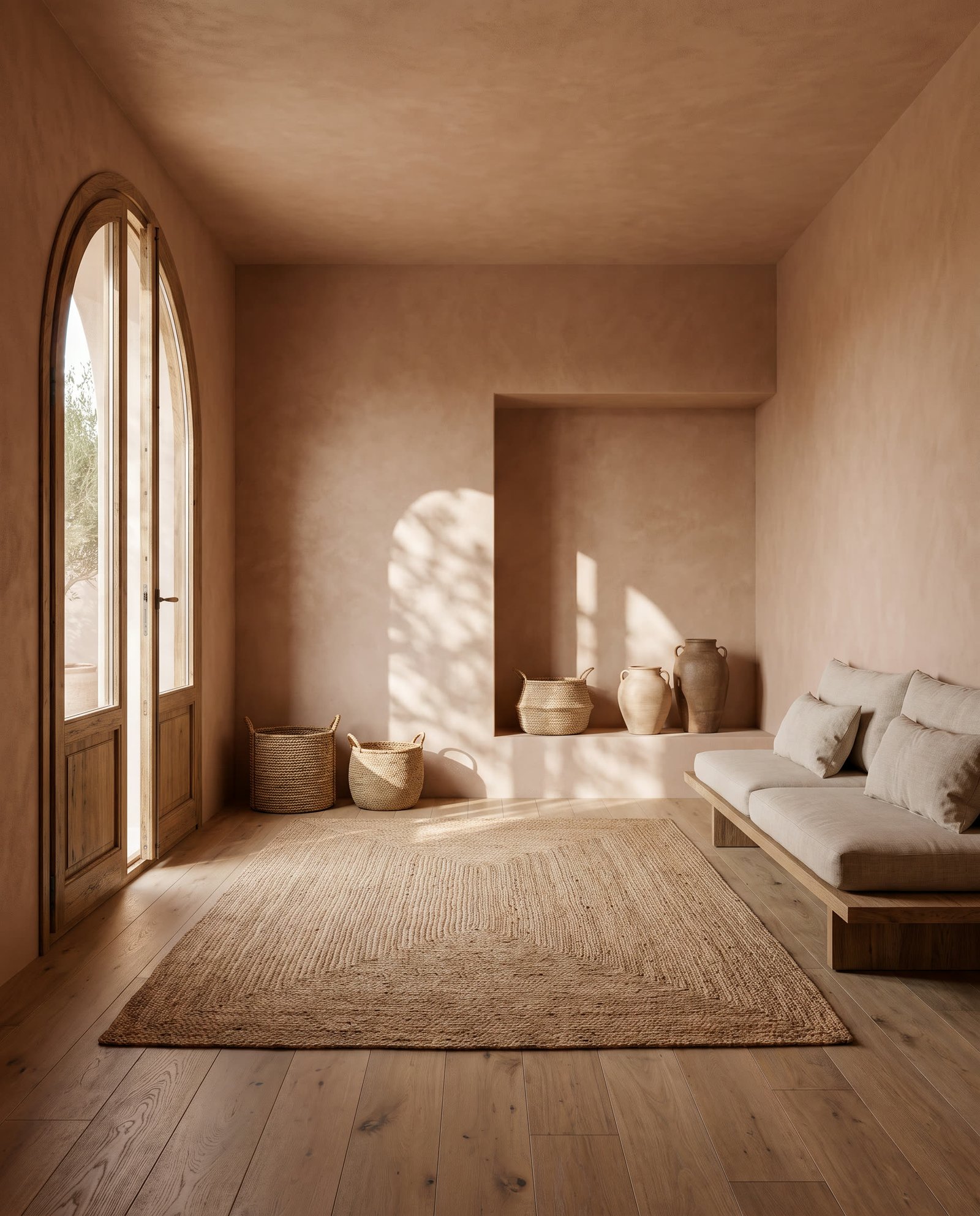 Warm terracotta and oak wood interior with an arched doorway in Barcelona.
