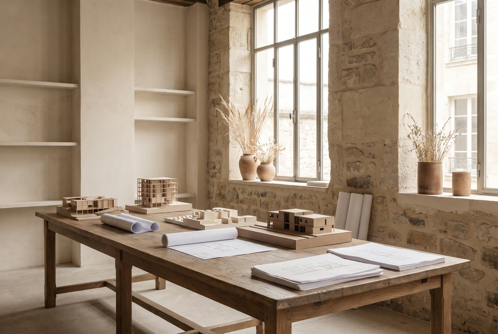 Architecture studio interior with a wooden table, models, and drawings under soft daylight.